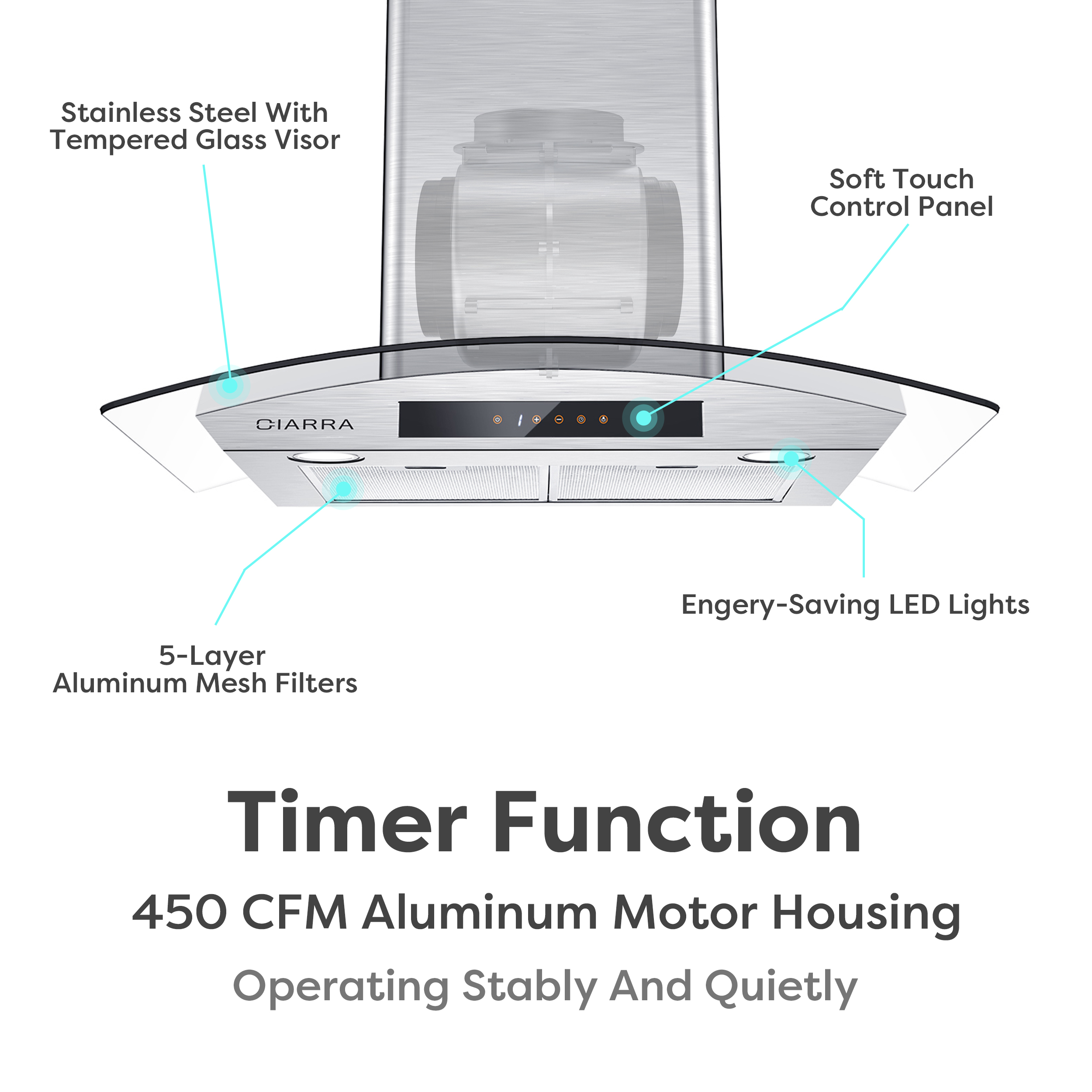 CIARRA Wall Mount Range Hood 30 inch Tempered Glass with Carbon Filter Kit for Recirculating CAS50275-003