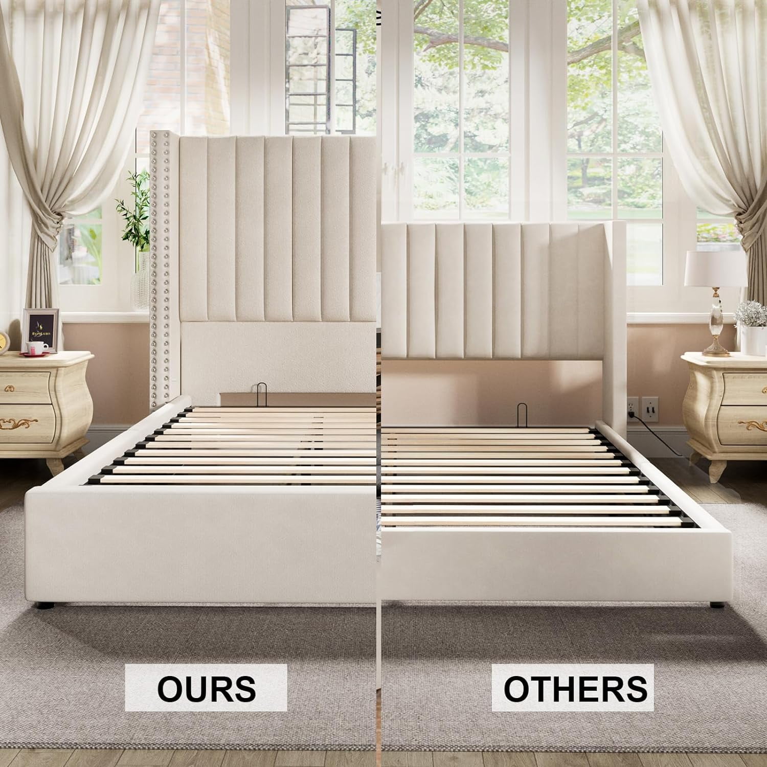 Merluxy King Bed Frame Lift Up Storage Bed, Velvet King Upholstered Bed Frame/Channel Tufted Wingback Headborad/No Box Spring Needed/Cream