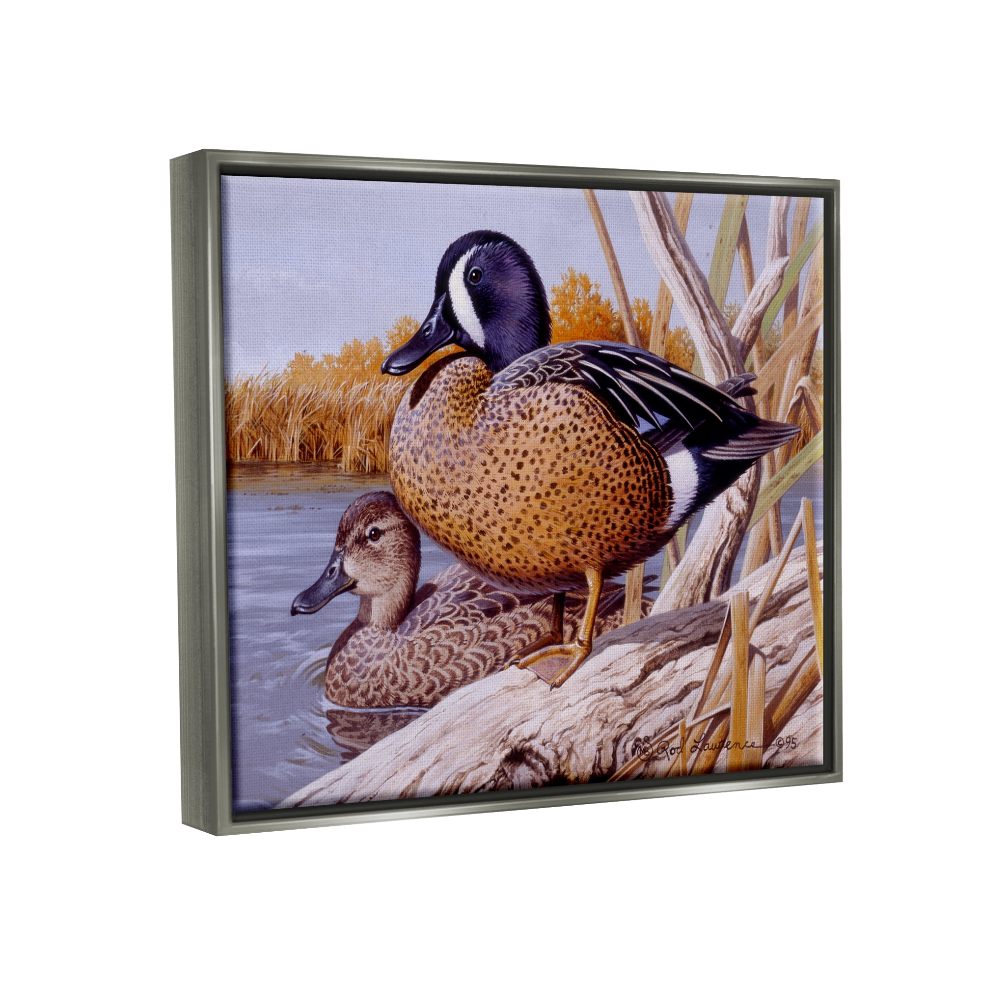 Stupell Industries Ducks at Pond's Edge Animals & Insects Painting Gray Floater Framed Canvas Art Print Wall Art, 21 x 17