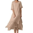 thumbnail image 1 of Vestido informal de manga corta y cuello redondo liso para mujer: doble capa con abertura, corte holgado, para el día a día, fiestas y ocasiones elegantes, 1 of 8