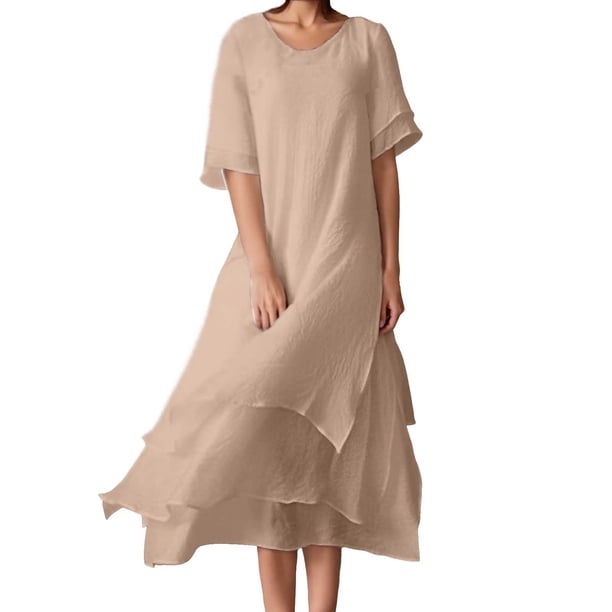 Vestido informal de manga corta y cuello redondo liso para mujer: doble capa con abertura, corte holgado, para el día a día, fiestas y ocasiones elegantes