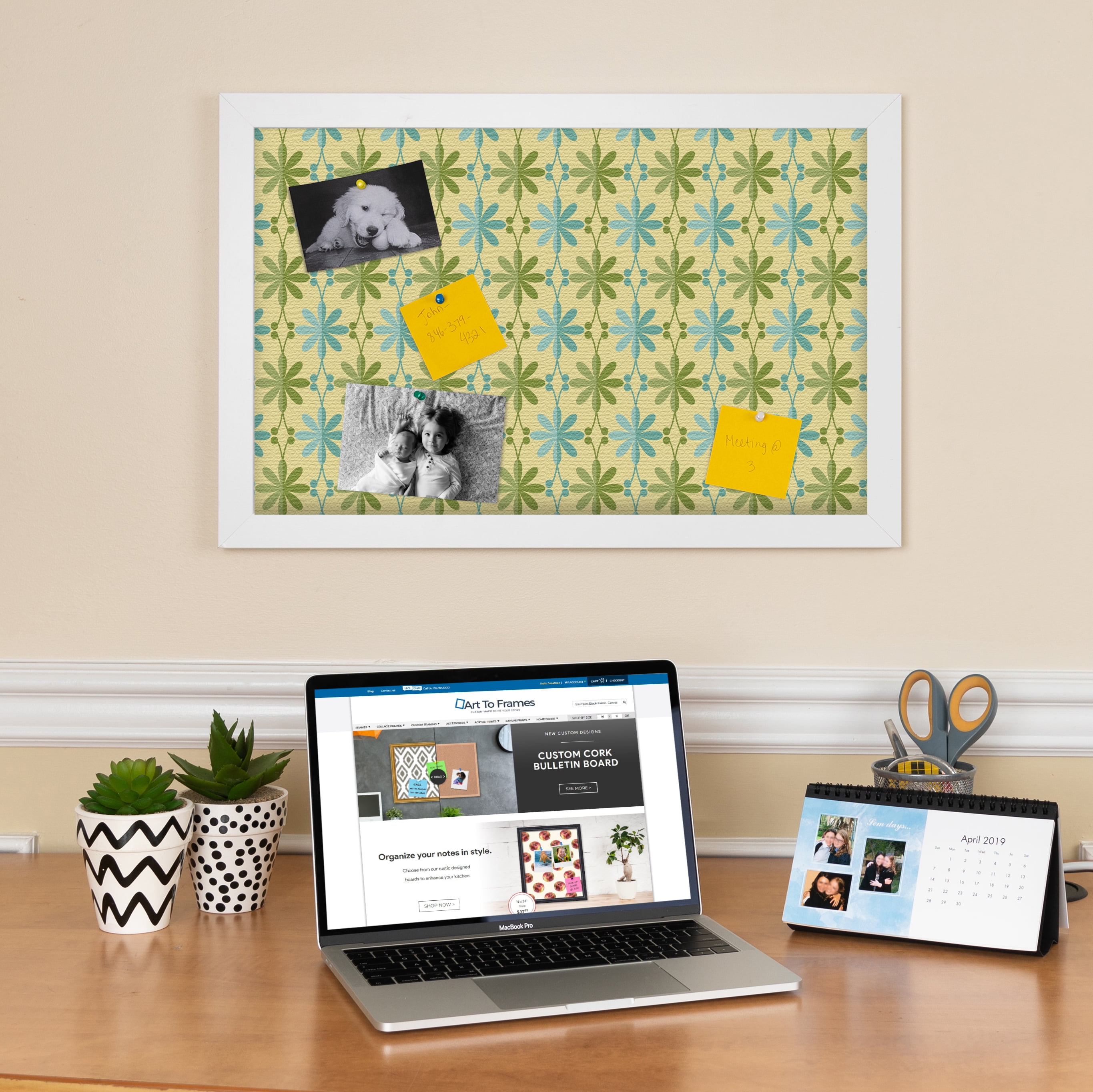 PinPix 30x22 Custom Cork Bulletin Board Floral Blue And Green Poster Board Has a Fabric Style Canvas Finish, Framed in Floral Blue And Green, by ArtToFrames (PinPix-551)