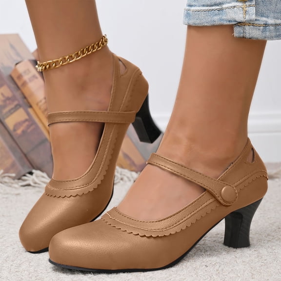 Bkhluea Women Scalloped Mary Jane Heels Adjustable Strap Comfortable Footwear For Office Work Party Daily Casual Use