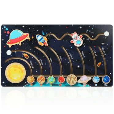 Solar System Model Board with 9 Planets Spaceship Rocket Module Early Learning Wooden Solar System Model Space Educational Solar System Toy Outer Space Toy for Boys Girls Toddlers Gift Storytelling