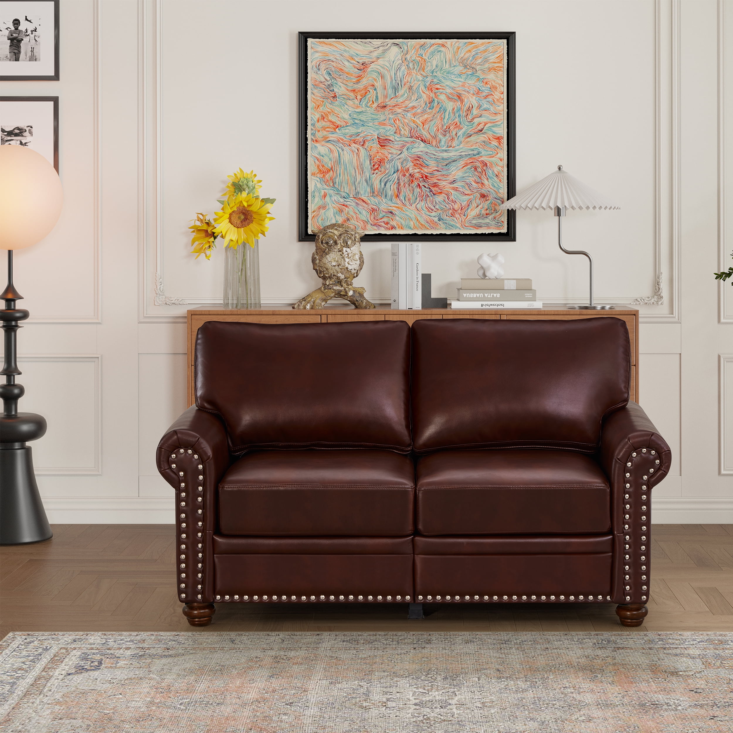 Classic Faux Leather Loveseat Small Sofa Couch with Nailhead Trim and Removable Cushions for Living Room Office Apartment