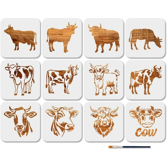 Colorful 12Pcs Cows Cattles Stencils Reusable Highland Cattles Stencil for Painting 5.9×5.9inch Farm Animals Art Craft Templates with Paint Brush for Window Wood Wall Home Gift Decoration