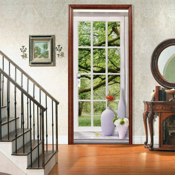 3D Door Sticker Green Plants Landscape Sticker Door Poster Self Adhesive Vinyl Door Poster Wall Sticker Bedroom Bathroom Wallpaper Art Deco