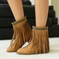 thumbnail image 3 of Boho Ethnic Cowboy Boots for Women Bohemian Long Fringe Suede Pointed Toe Wide Mid Calf Cowgirl Dress Booties Beige Size 6, 3 of 8