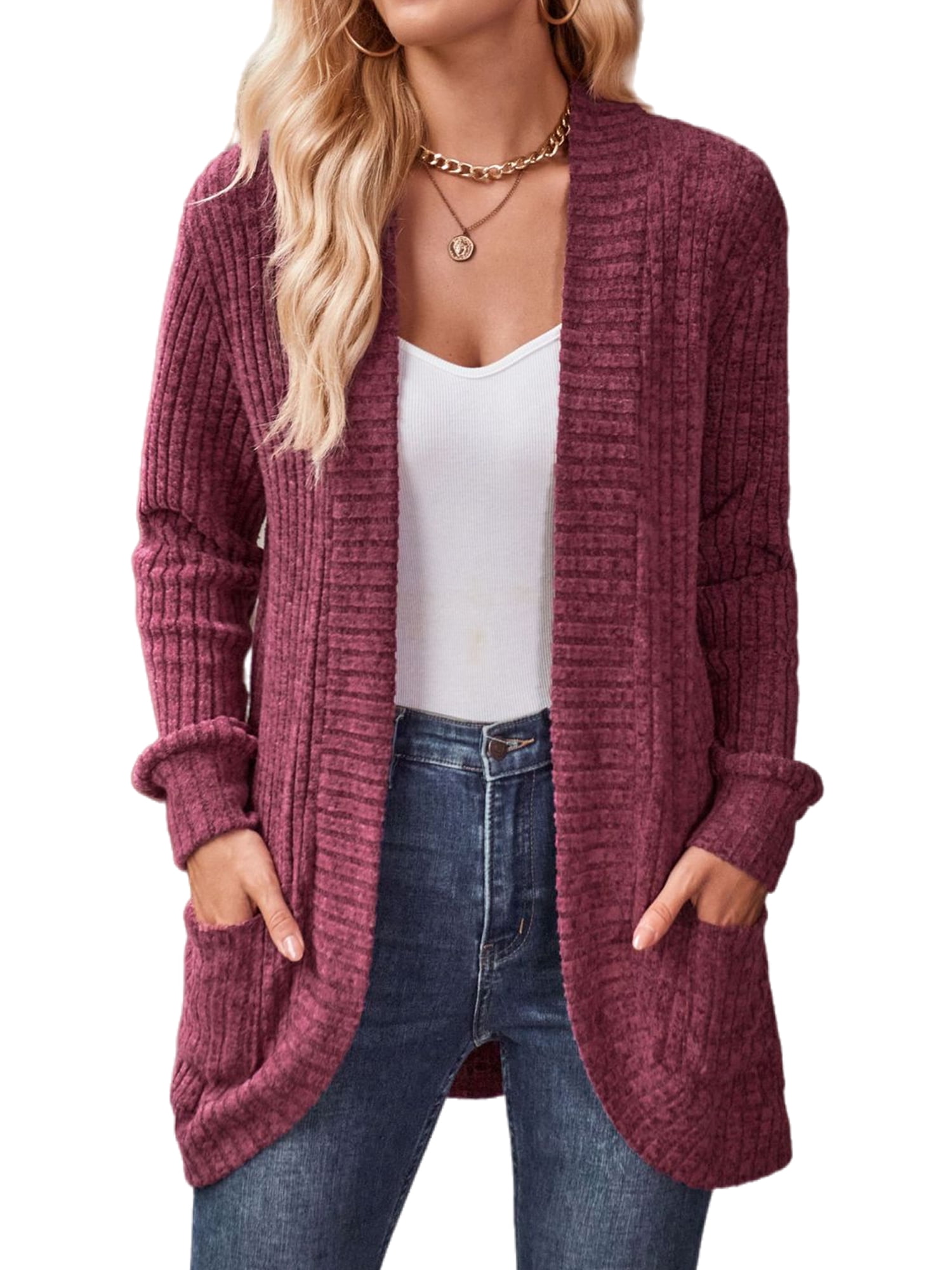 Sexy Dance Ladies Knitted Sweaters Solid Color Cardigan Sweater Long Sleeve Cardigans Cozy Open Front Wine Red XL