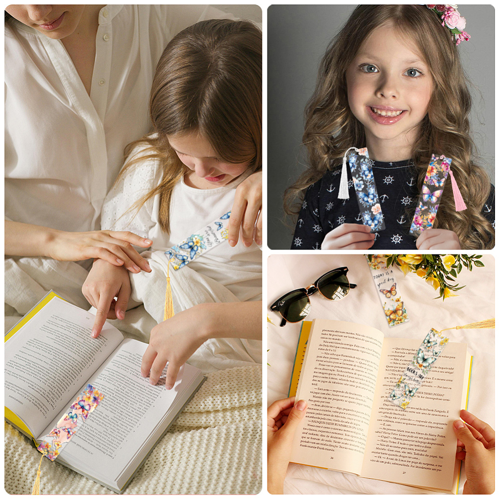 DIY Bookmark Making Kits including Kraft Paper Bookmark Display Cards Polyester Tassel Decorations Acrylic Bookmark Pendants and Stickers Butterfly