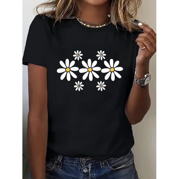 Women's Plus Size Daisy Flower Graphic T-Shirt, Cute White Floral Print Crew Neck Short Sleeve Casual Tee, Soft Breathable Summer Everyday Top, Comfortable Graphic Shirt