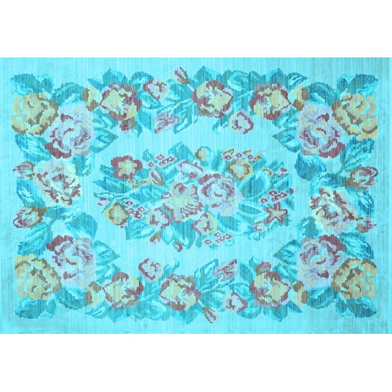 Ahgly Company Machine Washable Indoor Rectangle Medallion Light Blue French Area Rugs, 8' x 10'