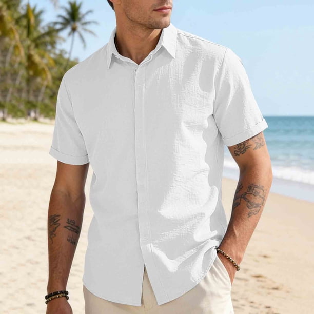 Blusa y camisa de manga corta con cuello vuelto para hombre, color liso, informal, holgada, a la moda, con botones, de manga corta y cuello vuelto, blusa de poliéster para hombre