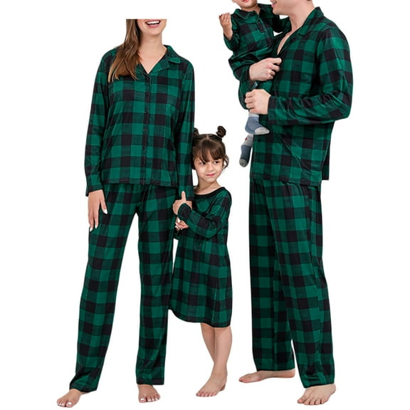 Christmas Family Matching Pajamas Set, Long Sleeve Plaid Shirt with Elastic Waist Pants