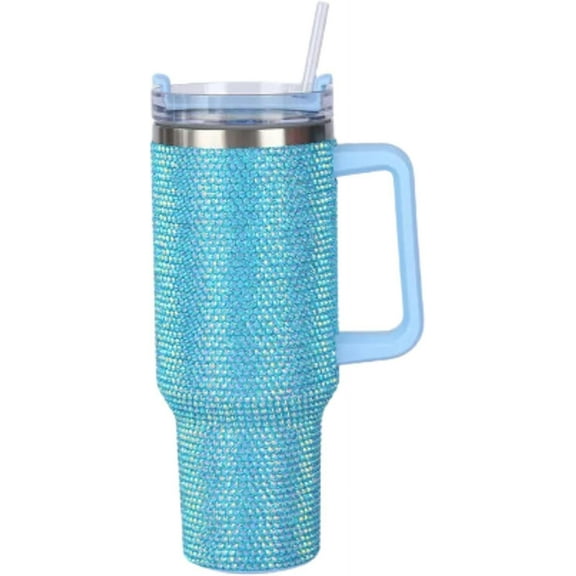Lashicorn Blue Turquoise Rhinestone 40 oz. Tumbler with Handle and Straw Lid Bling Tall Jewel Cup Gift Light Insulated