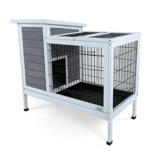 Noaman Two-Tier Wooden Rabbit Cage for Outdoor/Indoor Use, 37.5"L x 21.5"W x 34"H with Runway & Leak-Proof Plastic Tray, Grey - Spacious Design for Rabbits, Guinea Pigs & Small Animals