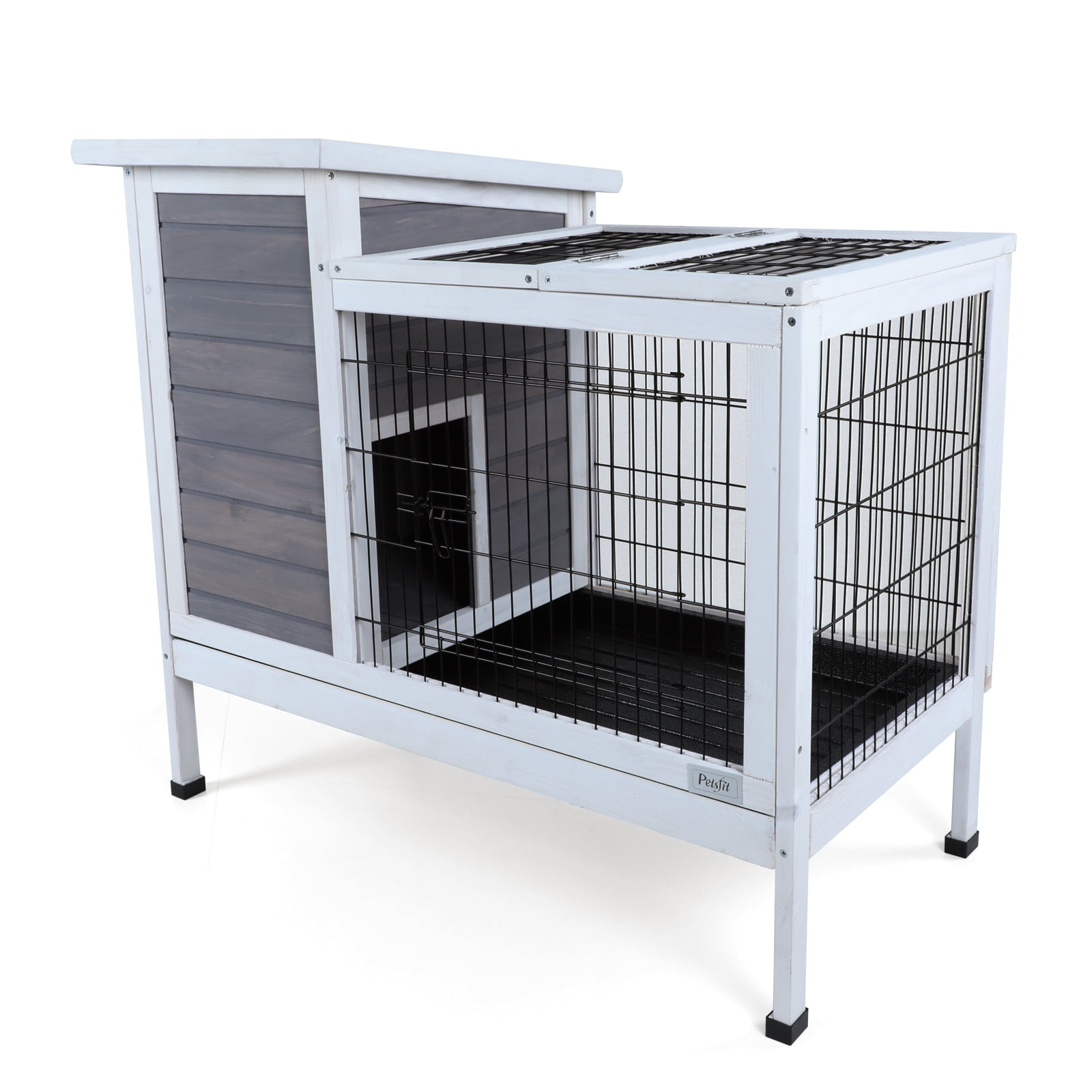 Witaxima 2-Story Wooden Rabbit Hutch with Runway, Leak-Proof Tray for Outdoor/Indoor Use, 37.5x21.5x34 Inches, Grey Small Animal Cage