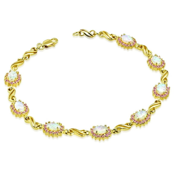 925 Sterling Silver Yellow Gold-Tone White Pink Simulated Opal S-link Tennis Bracelet, 7.5"