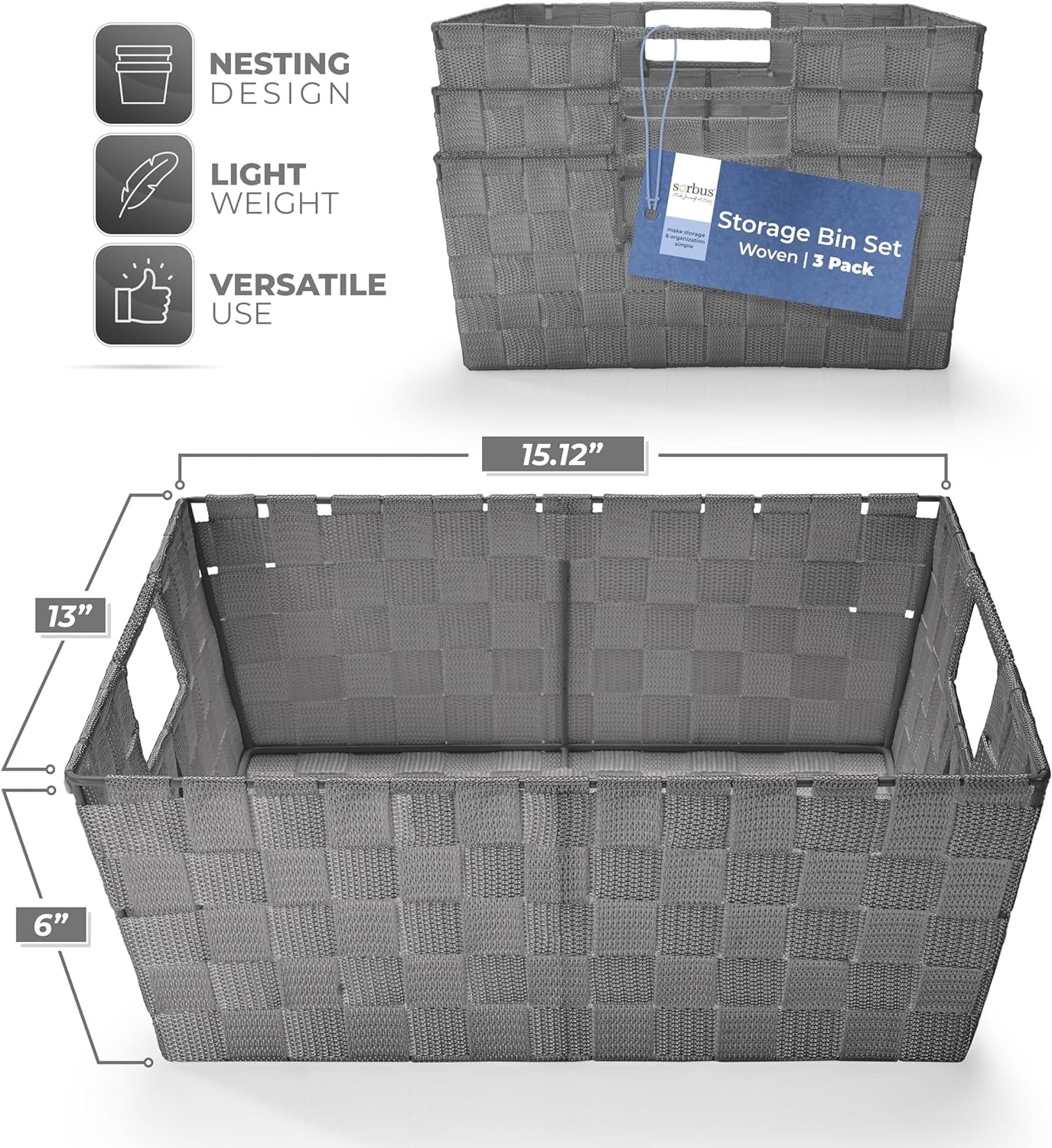 Sorbus Woven Basket Bin Set - Shelf Storage Tote Baskets for Household Items - Stackable with Woven Straps & Built-in Carry Handles (Gray)