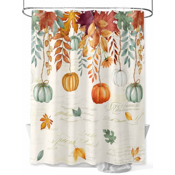 Fsddascl Fall Orange Green Pumpkins Shower Curtain Set - Small 36" x 72" Washable Bathtub Curtain with 12 Hooks, Retro Thanksgiving Maple Leaf Waterproof Fabric Stall Shower Curtains for Bathroom