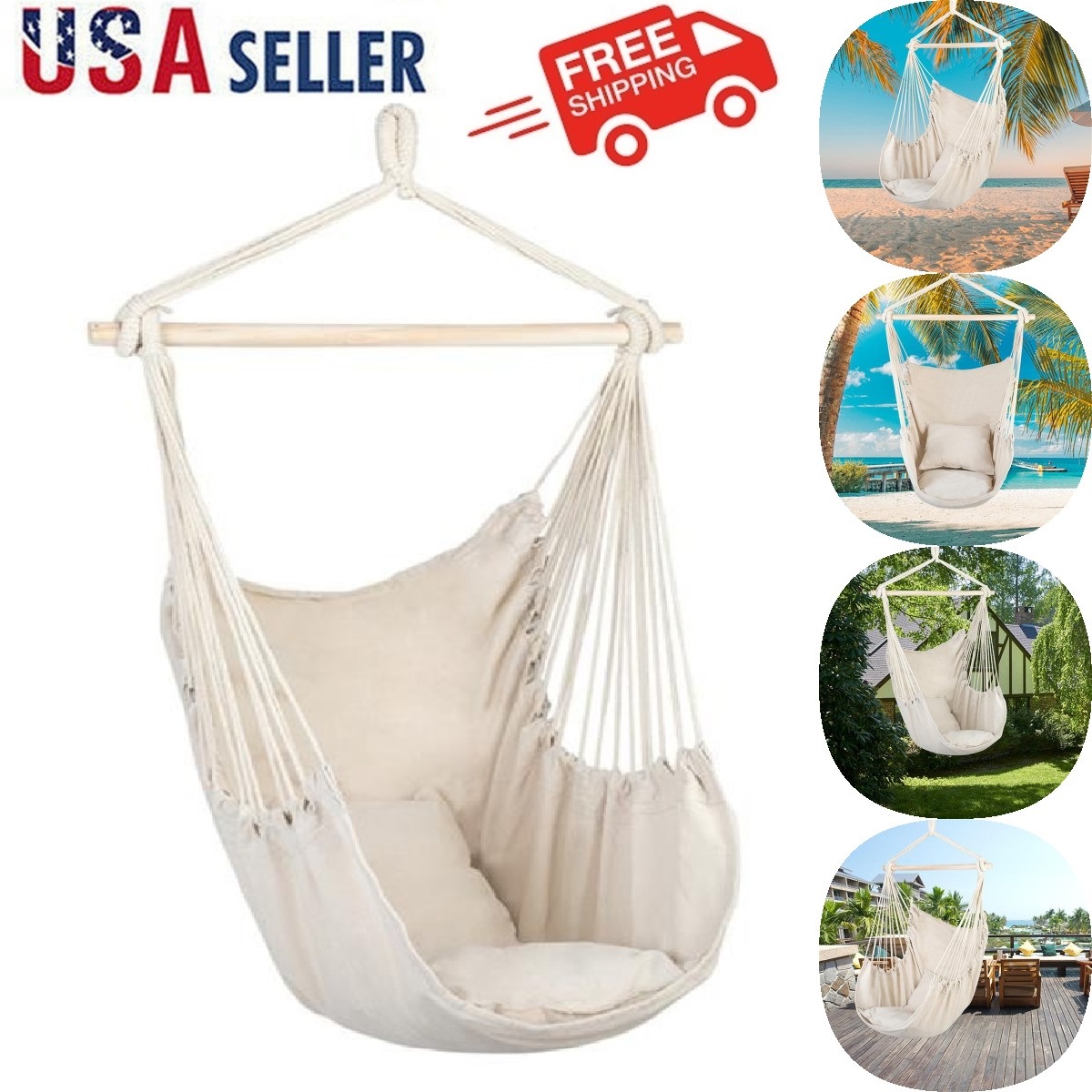 Goorabbit Outdoor Swing Chair, Hammock Chair Swing SoftSpun Cotton Rope Weaving Chair Hardwood