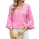 thumbnail image 3 of Camiseta de Mujer con Cuello en V, Mangas 3/4 con Volantes y Ojales, Blusa Informal, Estilo Túnica, Tendencia 2025 Rosa M, 3 of 9