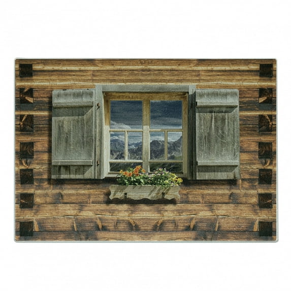 Shutters Cutting Board, Weathered Facade of a Mountain Hut with Summer Mountain Reflections on Window, Decorative Tempered Glass Cutting and Serving Board, Small Size, Brown Green, by Ambesonne