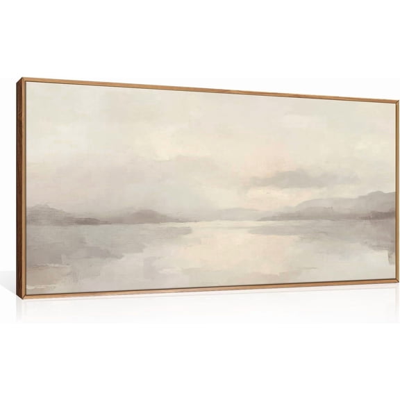Large Abstract Neutral Beige Pastel Framed Canvas Wall Art,Modern Watercolor Lakes Wall Decor,Nature Mountain Minimalist Artwork for Living Room,Bedroom,Dining Room,Office -20"x40"x1