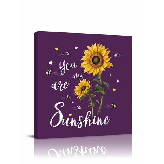 You Are My Sunshine Canvas Wall Art, Vintage Country Yellow Sunflower Floral Bee Heart Purple Framed Wall Decor Modern Artwork Prints Painting for Living Room, Bedroom, Kitchen & Cafe Decor 8x8 Inch