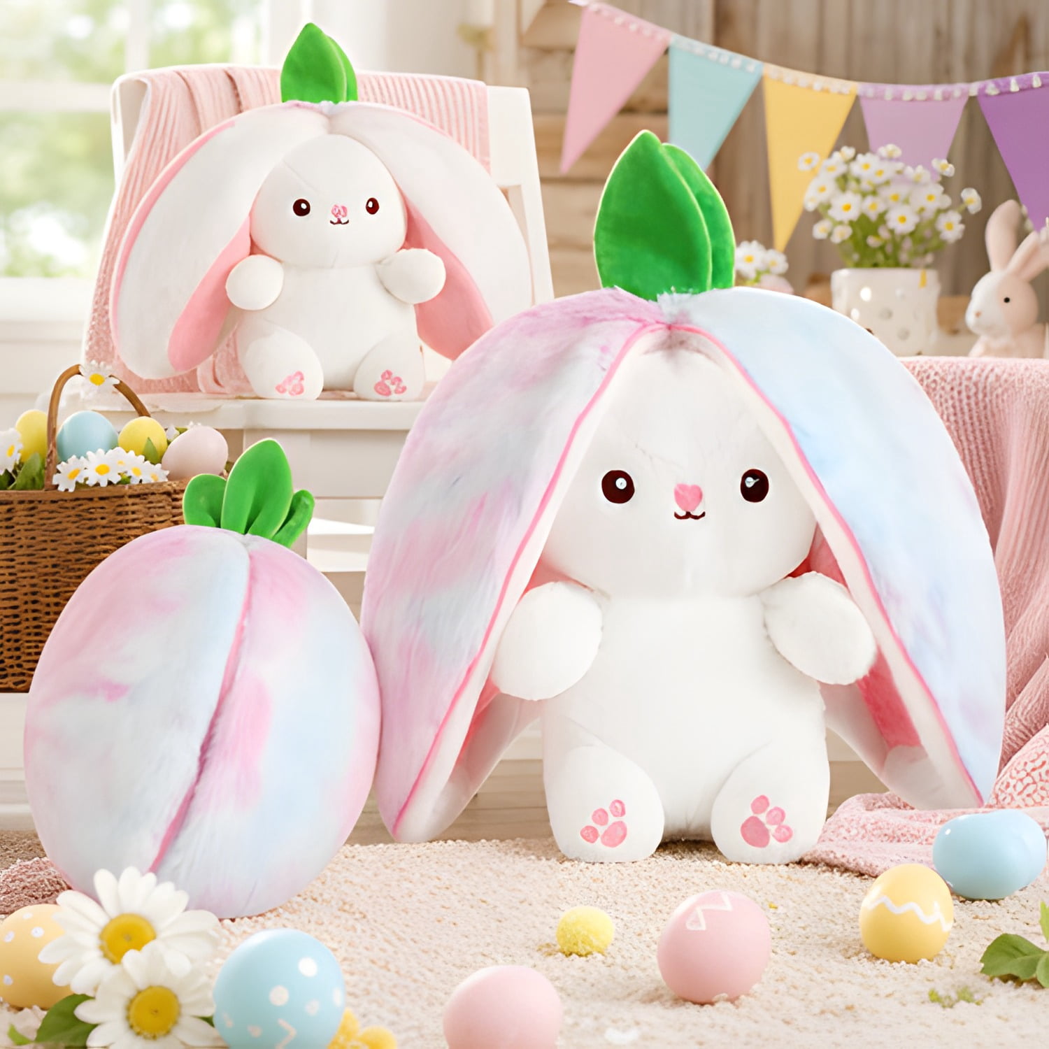 Kawaii Squishy Cute Easter Bunny Plush Turn Into Rabbit Fruit Doll Carrot Strawberry Pillow, Plushies Funny Bunny Toy for Baby