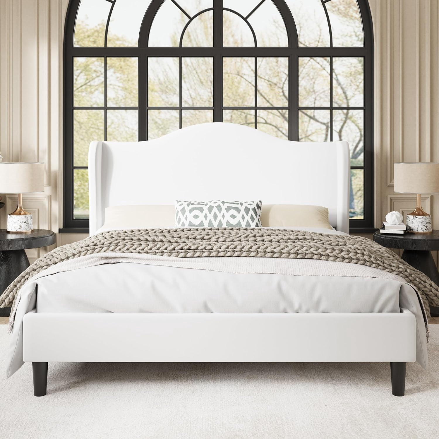 Allewie Full Size Bed Frame, Upholstered Wingback Platform with 47" Tall Tufted Headboard, Plush Velvet Fabric, Modern Minimalist Design, No Box Spring Required, Tool-Free Assembly, White
