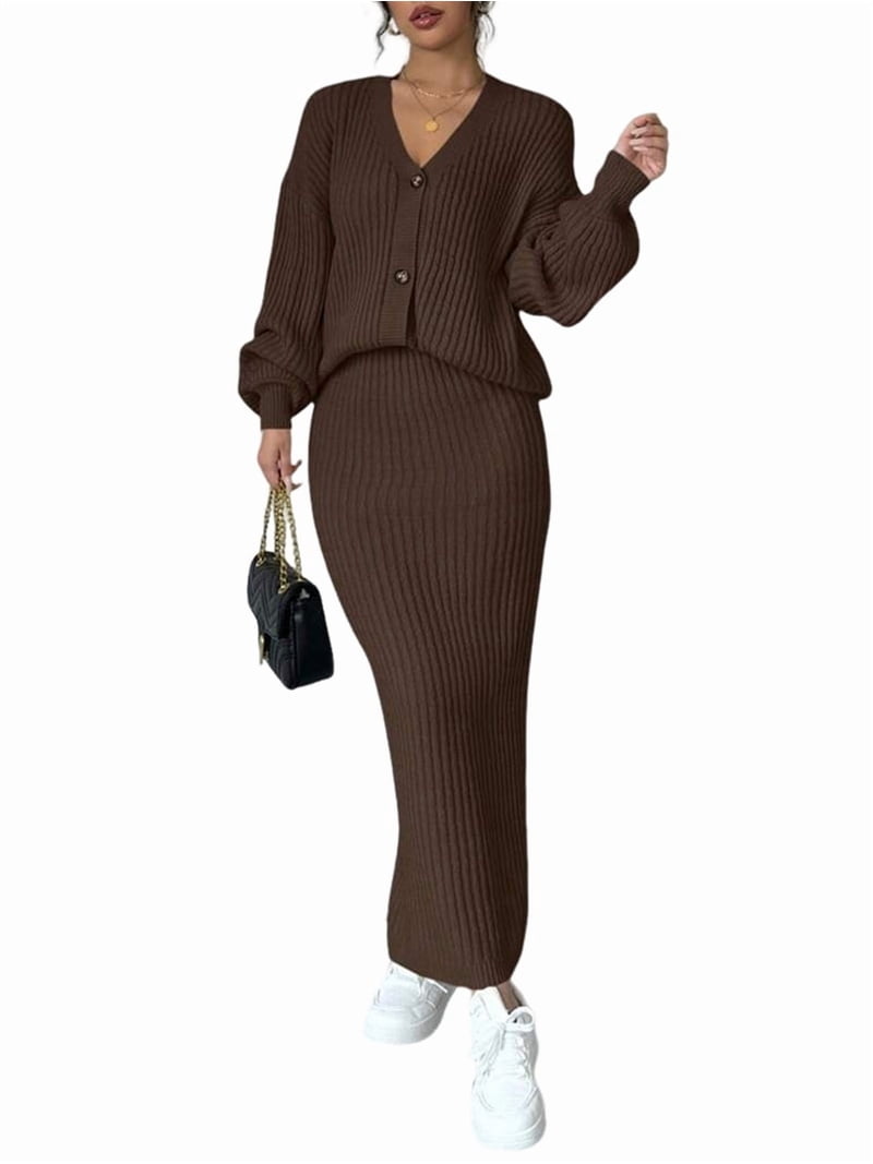 knit two piece dress Womens Sweater Maxi Skirt Sets Brown M SWIMWEAR COVER-UPS