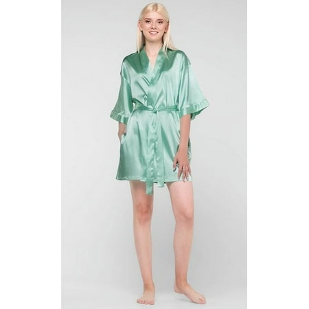 Kimono robes for Women Satin Silk lingerie robe  Short V-Neck For Female Sleepwear Loungewear bridal party bridesmaid wedding - Mint Green - Medium