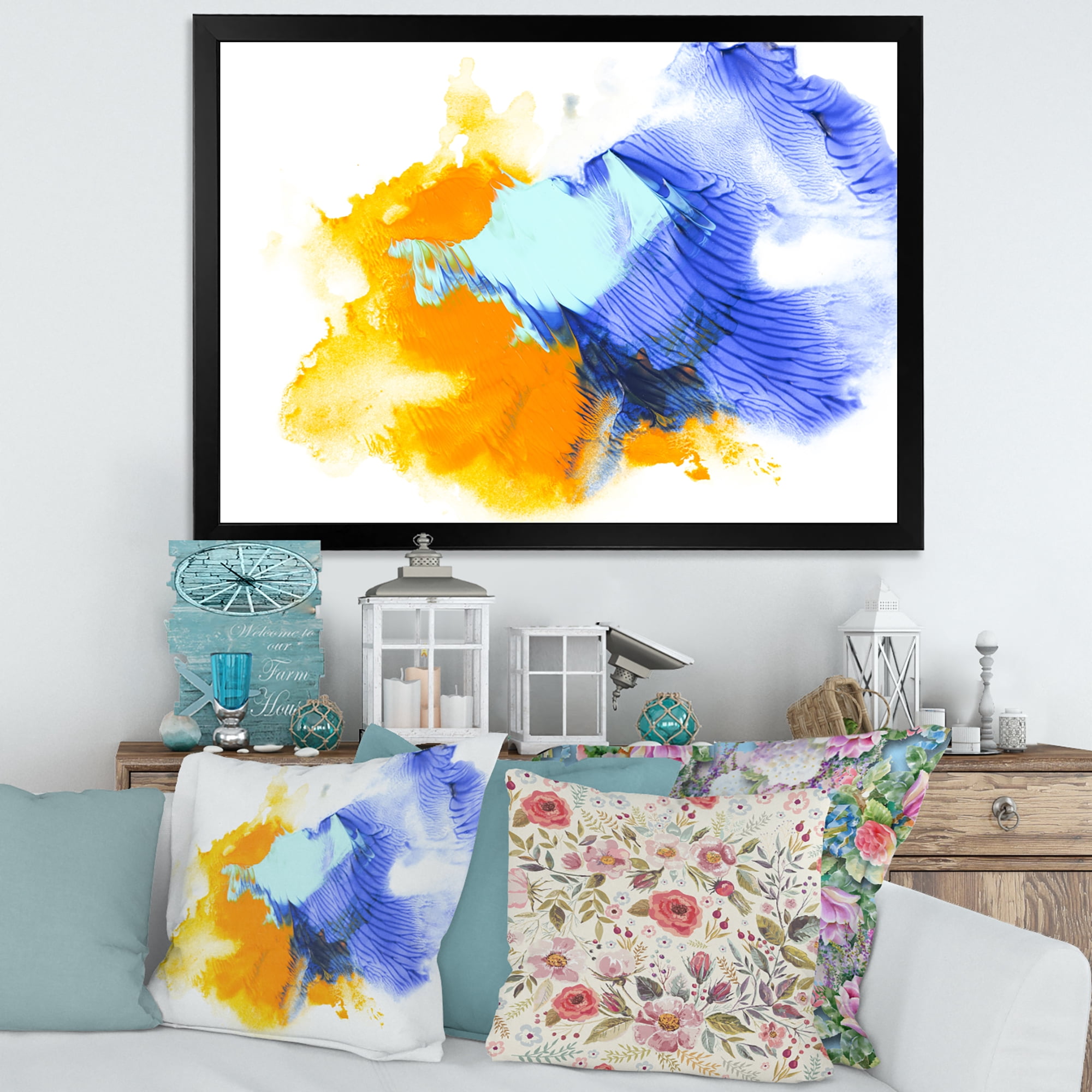 Designart 'Abstract Orange and Blue Clouds' Modern Framed Art Print