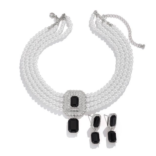 Ingemark Luxury Multilayer Imitation Pearl Chain Necklace Rhinestone Pendant Stud Earrings for Women Elegant Wed Jewelry Set New
