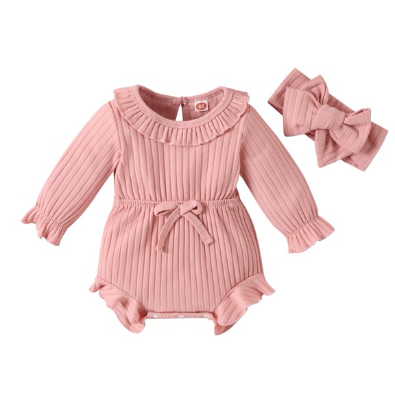 Gyratedream Bodysuits Jumpsuit for Baby Girl Infant Toddler Long Sleeve Ruffle Romper Outfits with Bow Tie Headscarf 2-Piece Set
