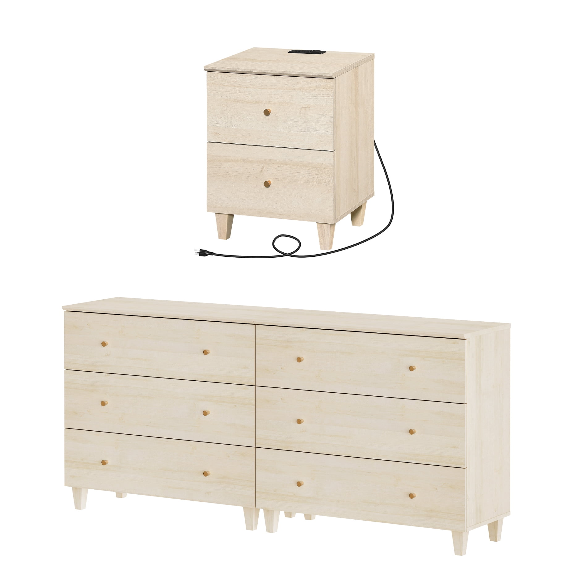 WAMPAT Dresser and Nightstand Set of 3, Wood Dressers with 6 Drawers, Nightstand with Charging Stations for Living Room, Natural Oak