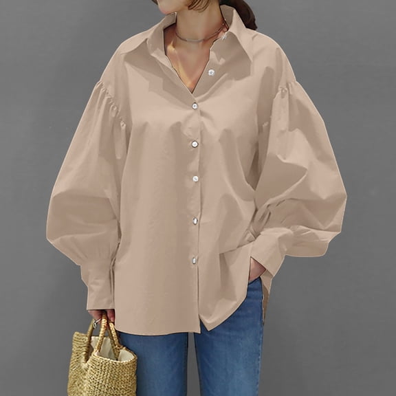 YMNXA Women's Shirts Long Sleeve Lantern Sleeve Lapel Solid Color Button Down Comfortable Elegant Loose Fit Blouse Top For Casual Daily Wear,Beige,L