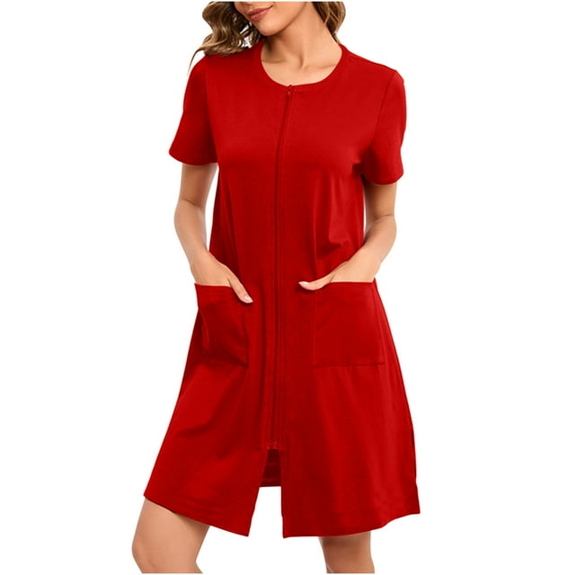 Erwazi Robe pour Femmes à Fermeture Éclair devant, Manches Courtes, Longue Robe de Chambre avec Poches, Tenue de Détente