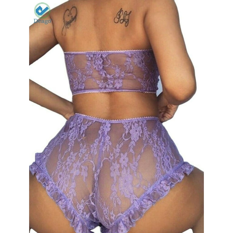 Deago 2PCS Women Plus Size Lace Sexy Bra Lingerie See Through Babydoll  G-string Underwear Set Sleepwear (Purple, S)
