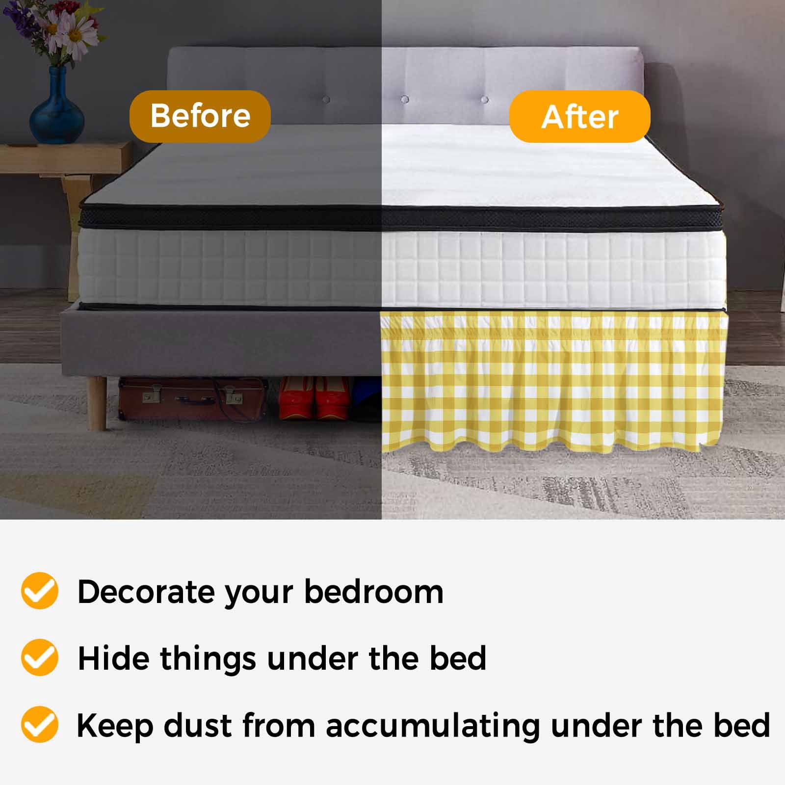 Yellow Gradient Bed Skirt Queen Size, Farm Plaid Buffalo Checkered Gingham Wrap Around Bed Skirting with Adjustable Elastic Strap, Dust Ruffle Pleated Bedskirts 18 Inch Drop for Bedroom Queen Beds