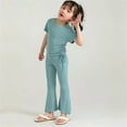 thumbnail image 6 of XBASW Toddler Baby Kids Girls Solid Short Sleeve T-Shirts Tee & Flare Pants Sets Summer Bell Bottoms 2PCS Outfits 12M-10 Years, 6 of 9