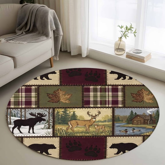 Boho Bear Deer Round Rugs for Living Room 3ft Rustic Cabin Country Forest Mountain Leaf Non Slip Circle Rug Washable Low-Profile Indoor Carpet for Bedroom, Dining Room, Bathroom