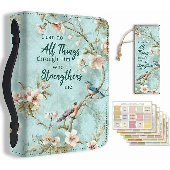 1pc Large Bible Cover 20.3x28.5x5.9cm PU Leather Book Protector Case with Bookmark Birds and Flowers Bible Carrying Case for Women Men Christian Note Books Carrying Back to School