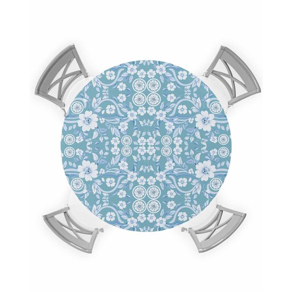nqOlkjepod Blue Floral Round Tablecloth, Fitted Table Cover with Elastic for 36"-44" Round Tables, Vintage Pastoral Botanical Leaves Table Cloth Outdoor Indoor Dinning Party Waterproof Tablecloths
