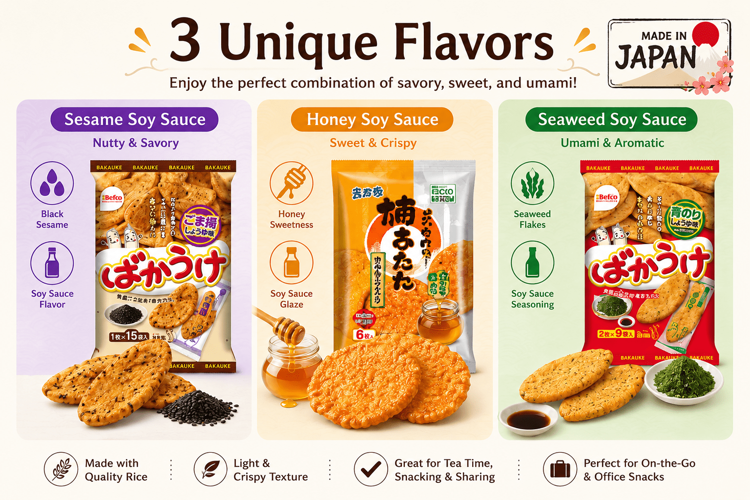 Japanese Rice Crackers Variety Pack, Individually Wrapped Senbei Snacks, Sesame Soy Sauce, Honey Soy Sauce & Seaweed Flavors, Made in Japan, 30 Packs