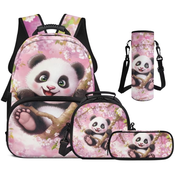 XYZCANDO Panda Cherry Blossom School Backpack Set 4Pcs with Portable Lunch Bag Multifunctional Pencil Case Water Bottle Bag Carrier Suitable for Elementary Middle School