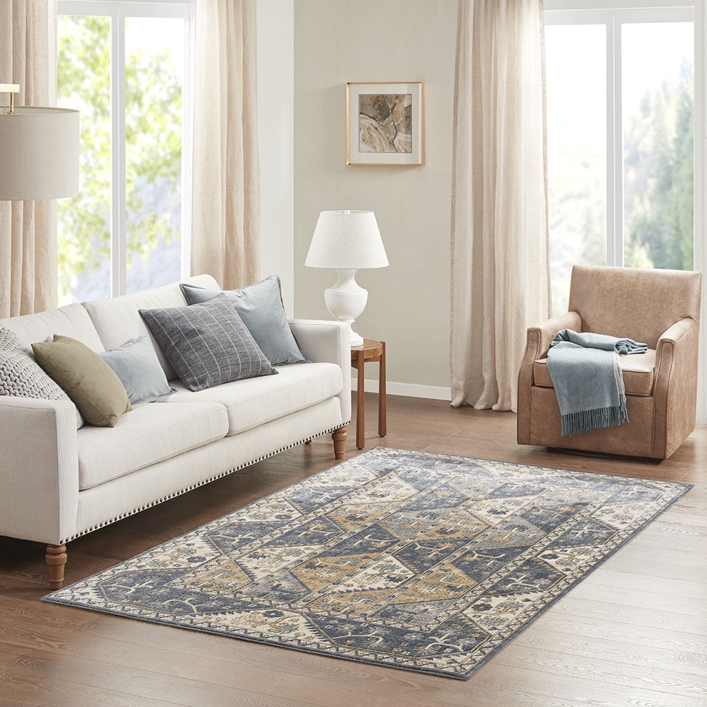 MAYEERTY 8x10' Tiled Border Area Rug Blue Cream Polyester