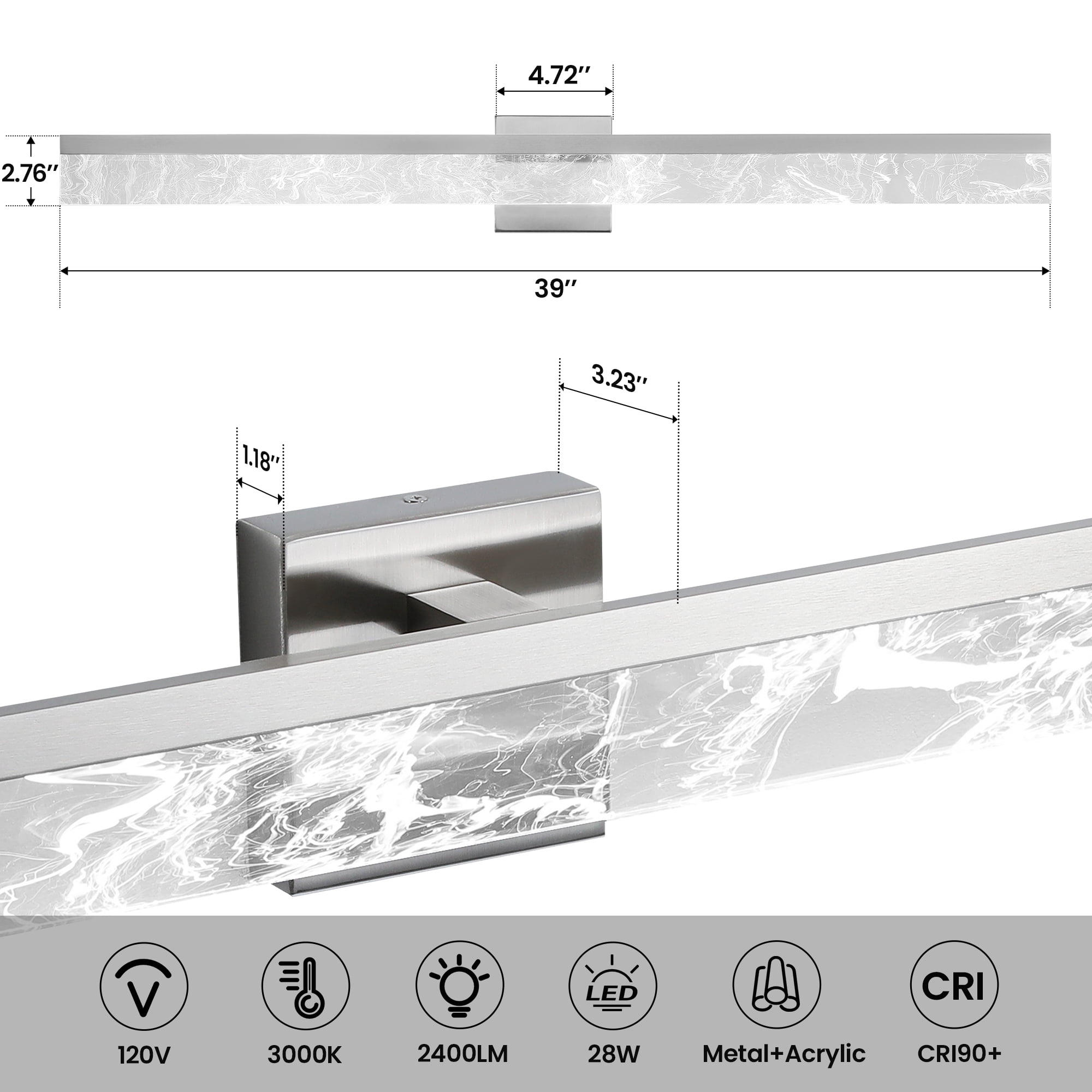 Brushed Nickel Bathroom Light Fixtures 39 inch Dimmable Metal Wall Sconce Fixtures Over Mirror LED Vanity Light Bar for Restroom Mirror 3000K Warm White Light
