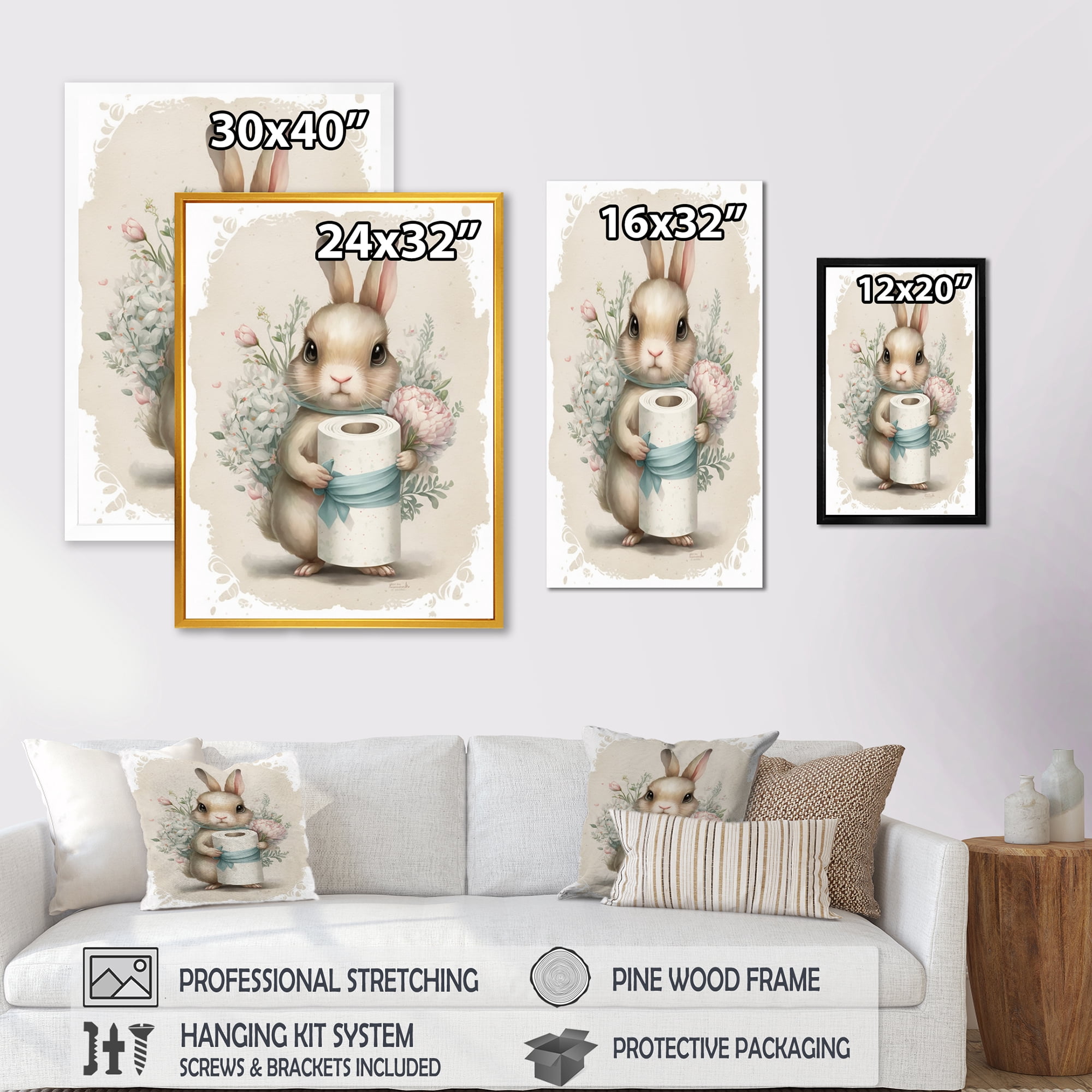 Designart Bunny With Roll Of Toilet Paper And Flowers III Canvas Wall Art